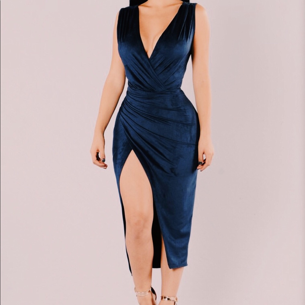 Navy Blue Velvet Asymmetrical Midi Dress